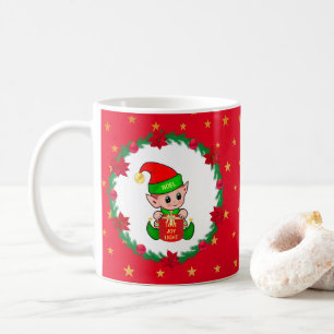 Caneca De Café Elfo de Natal, grinalda de pinheiro, poinsettias e