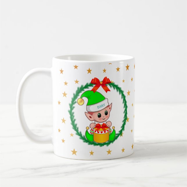 Caneca De Café Elfo de Natal Verde, Pine Wreath & Stars (Esquerda)