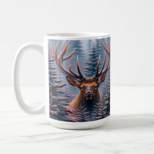 Caneca De Café Elk Bull em Pine Trees (Esquerda)