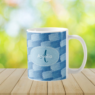 Caneca de Café em Denim Azul Monograma Elegante Pe