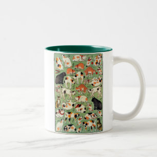 Caneca De Café Em Dois Tons 猫尽両めん合, gatos do 芳藤 da era de Edo,
