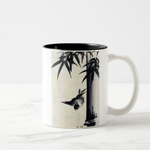 Caneca De Café Em Dois Tons 竹 に 雀, 歌 広 重 Bamboo e Sparrow, Hiroshige, Sumi-e