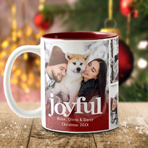 Caneca De Café Em Dois Tons 4 Colagem de Fotos Alegre Tipo Negrito Natal Verme