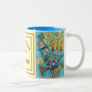 CANECA DE CAFÉ EM DOIS TONS 4 DE JULHO, ROBÔ DE FOGOS DE FOGO, VESTIDO DE FOGO