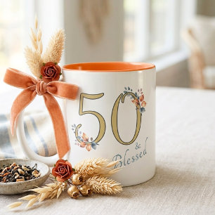 Caneca De Café Em Dois Tons 50ª garota de aniversário abençoada Boho outono