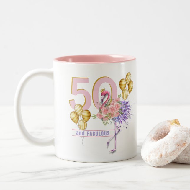 Caneca De Café Em Dois Tons 50 e Flamingo Mug Floral, Fabuloso, Rosa (Com Donut)