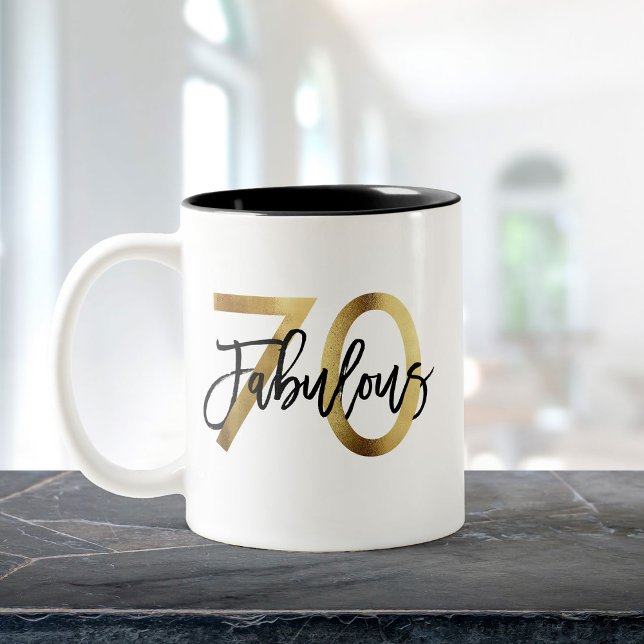 Caneca De Café Em Dois Tons 70 fabuloso | Aniversário Dourado Elegante Moderno (Criador carregado)