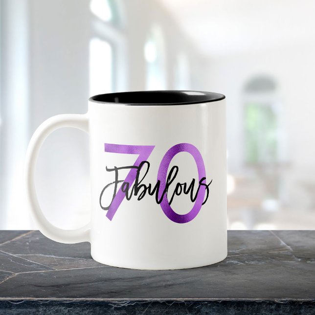 Caneca De Café Em Dois Tons 70 fabuloso | Aniversário Roxo Moderno Elegante (Criador carregado)