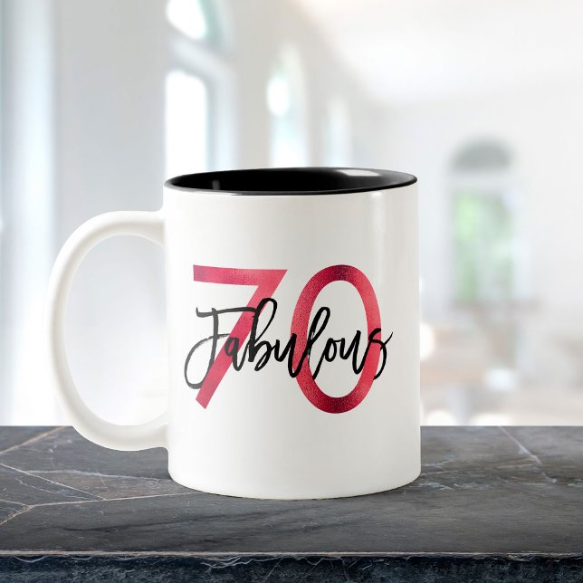 Caneca De Café Em Dois Tons 70 fabuloso | Aniversário Vermelho Moderno Elegant (Criador carregado)