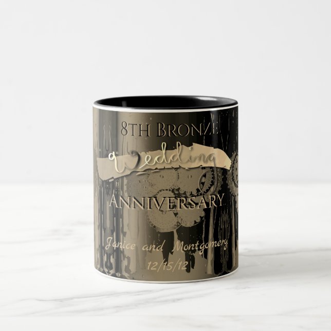 Caneca De Café Em Dois Tons 8º aniversário do Casamento de Bronze Steampunk (Centro)
