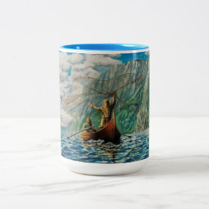 Caneca De Café Em Dois Tons A carcaça da rede, homens de Viking no bost pesca