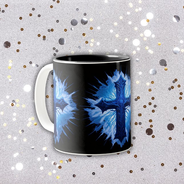 Caneca De Café Em Dois Tons A Cruz Cristã Azul, espantosa, a preto | (Criador carregado)