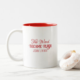 Caneca De Café Em Dois Tons A Palavra Tornou-Se Bíblia De Natal Verso Vermelho