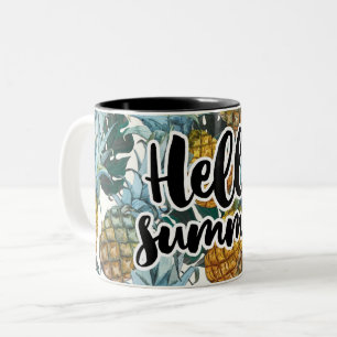 Caneca De Café Em Dois Tons Abacaxis e Folhas Tropicais Olá Verão