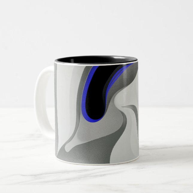 Caneca De Café Em Dois Tons Abaixo do Azul: Cinza Abstrato, Preto e Azul (Frente Esquerda)