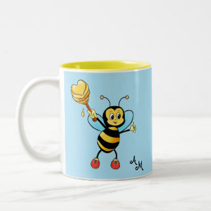 Caneca De Café Em Dois Tons Abeja Melífera Fofa com Coração e Monograma em Azu
