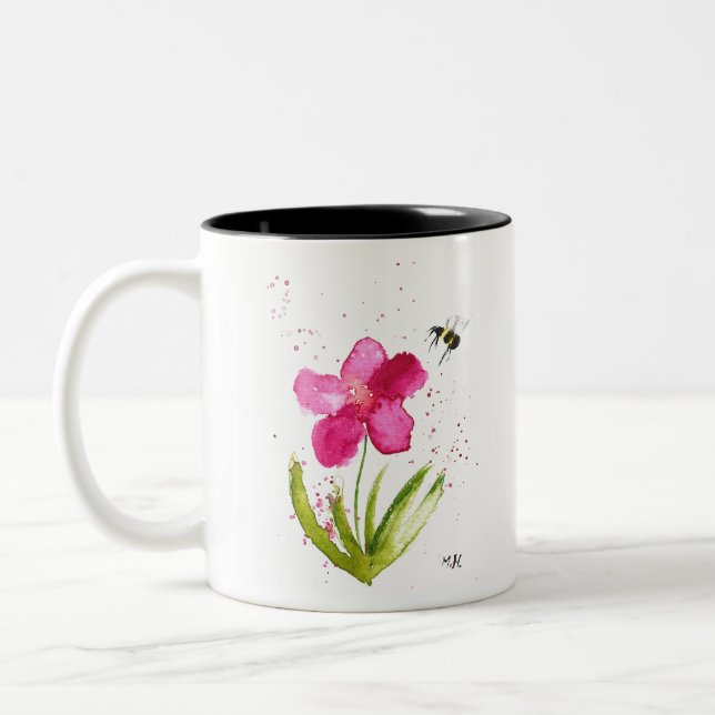 Caneca De Café Em Dois Tons Abeja pintada com aquarela em flor rosa (Esquerda)