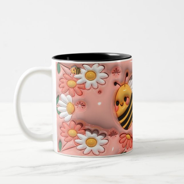 Caneca De Café Em Dois Tons Abelha Feliz, Rosa, Bumble Floral (Esquerda)