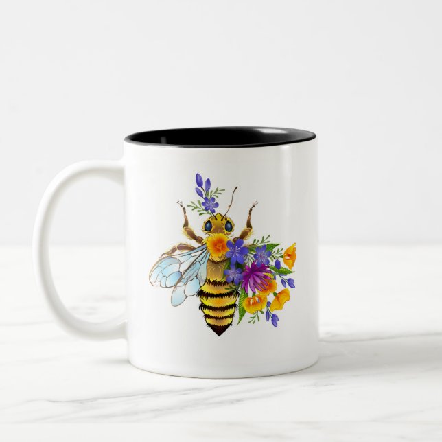 Caneca De Café Em Dois Tons Abelha flor com plantas silvestres (Esquerda)