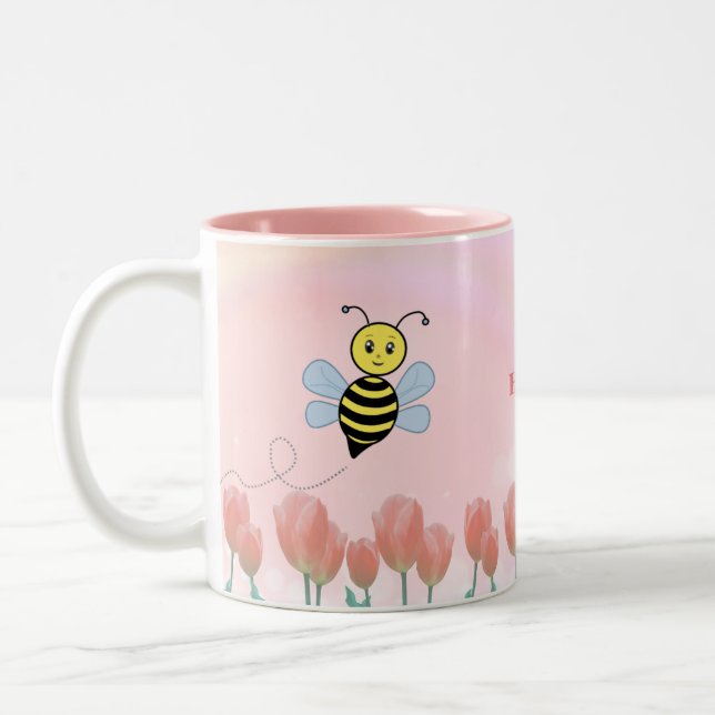 Caneca De Café Em Dois Tons Abelhas Felizes e Tulipas Rosa (Esquerda)