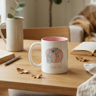 Caneca De Café Em Dois Tons Abóbora Azul Rosa Pastel Personalizada de Outono