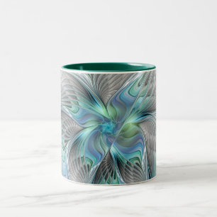 Caneca De Café Em Dois Tons Abstrato Azul Borboleta Verde Fantasia Arte Fracta