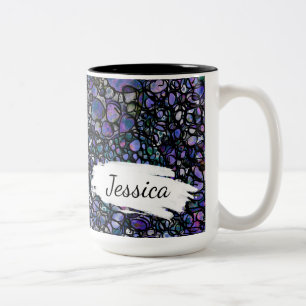 Caneca De Café Em Dois Tons Abstrato Azul, Roxo e Preto com Traços e Nome