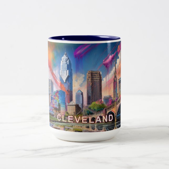 Caneca De Café Em Dois Tons Abstrato Cleveland Skyline (Centro)