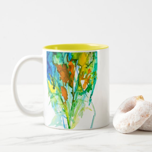 Caneca De Café Em Dois Tons Abstrato floral de aquarela (Com Donut)