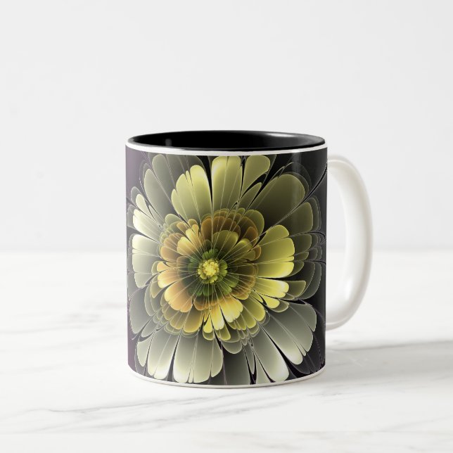 Caneca De Café Em Dois Tons Abstrato Modern Purpur Khaki Cinza Flor Fractal (Frente Esquerda)