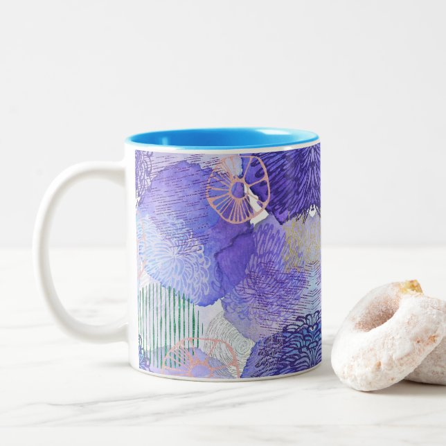 Caneca De Café Em Dois Tons Abstrato moderno azul e roxo (Com Donut)