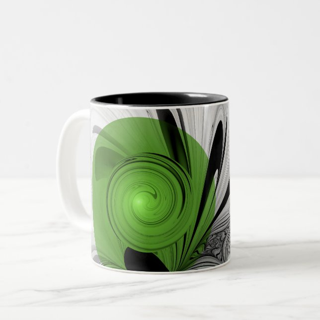 Caneca De Café Em Dois Tons Abstrato preto e branco com arte frontal verde (Frente Esquerda)