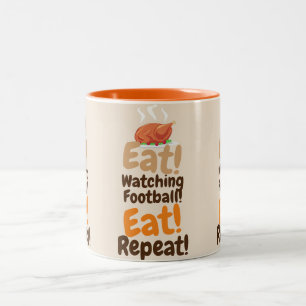 Caneca De Café Em Dois Tons Ação de Graças Comer, Assistir Futebol, Comer Repe