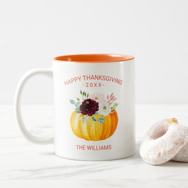 Caneca De Café Em Dois Tons Adicione Seu Próprio Texto Pumpkin Floral Personal (Com Donut)