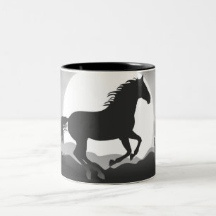Caneca De Café Em Dois Tons Adicione Seu Texto Cavalo em Silhueta Preta e Bran