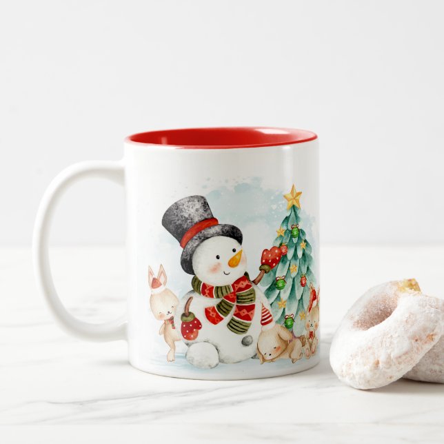 Caneca De Café Em Dois Tons Adoráveis Coelhinhos E Árvores De Natal (Com Donut)
