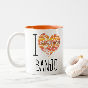 Caneca De Café Em Dois Tons Adoro Banjo Orange Mandala Heart
