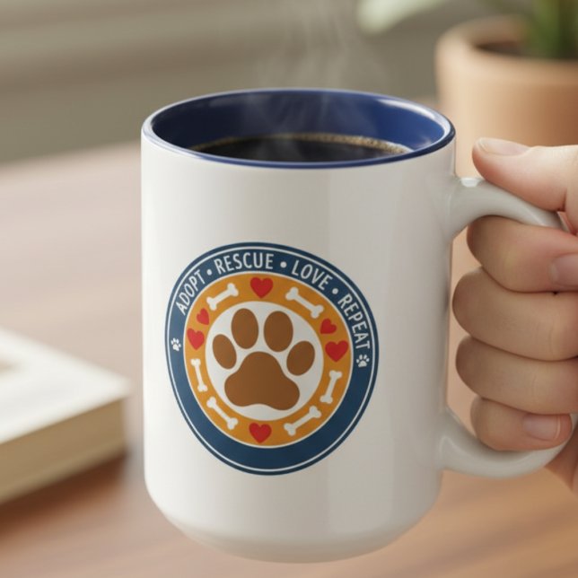 Caneca De Café Em Dois Tons Adote Resgate Amor Repita Insígnia (Colorful rescue mug for the animal advocate — inspiring adoption day gift idea for her.)