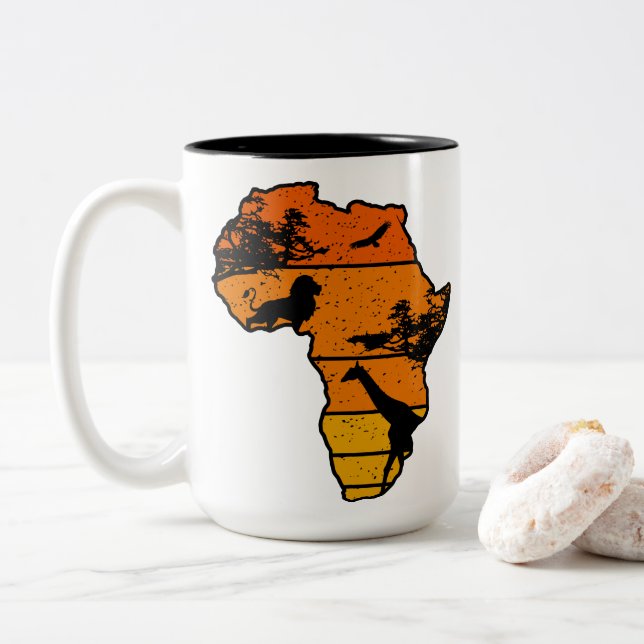 Caneca De Café Em Dois Tons África Mapa africano Safari | Lion Giraffe | Vinta (Com Donut)