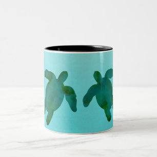 Caneca De Café Em Dois Tons Água Verde Azul Aquarela Oceano Tartarugas Marinha