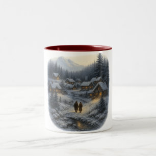 Caneca De Café Em Dois Tons Aldeia de Inverno do Natal Retro Montanha Pinheiro