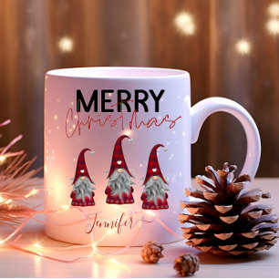 Caneca De Café Em Dois Tons Alegres Gnomos de Natal Xadrez Fofo com o Seu Nome