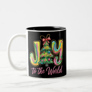 Caneca De Café Em Dois Tons Alegria Para O Mundo Árvore De Natal Neon Pincelad