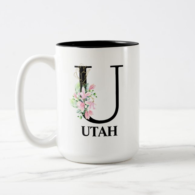 Caneca De Café Em Dois Tons alfabeto floral U bonito monograma (Esquerda)
