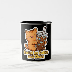 Caneca De Café Em Dois Tons Alimentado por Café e Caos Gatinho Laranja Fofo