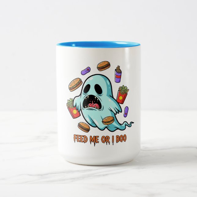 Caneca De Café Em Dois Tons Alimente-me ou eu Boo Ghost Halloween (Centro)