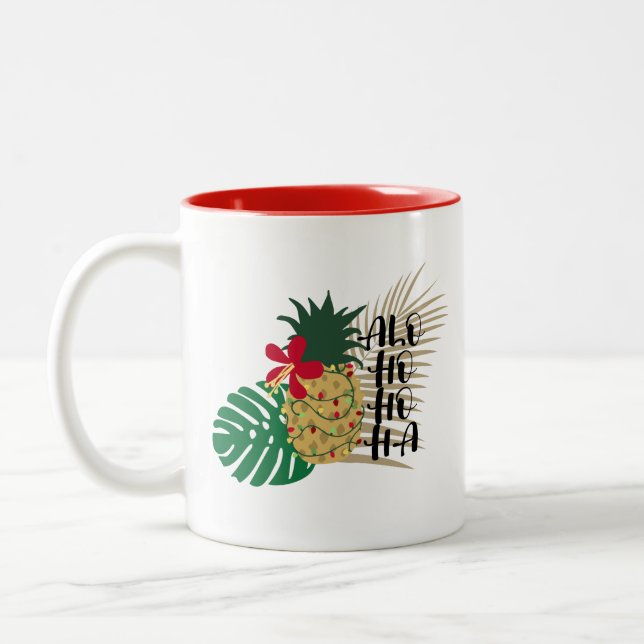 Caneca De Café Em Dois Tons ALO-HO-HO-HA-HA-abacaxi tropical havaiano (Esquerda)