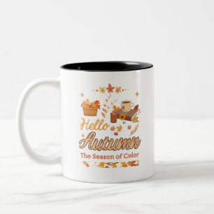 Caneca De Café Em Dois Tons Alô Outono - A Época das Cores Caem folhas desi