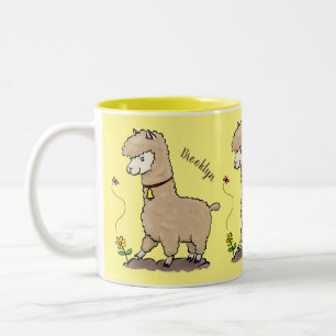 Caneca De Café Em Dois Tons Alpaca feliz e giro com cartoon de borboleta