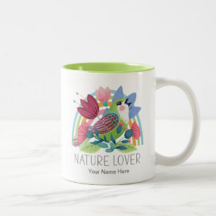 Caneca De Café Em Dois Tons Amante da Natureza Aquarela Pássaro Flores Arco-ír